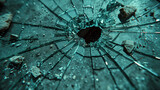 Broken glass surface, shattered with a hole in the center and cracked, with stones around. Act of vandalism and criminality.