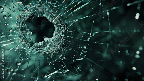 Shattered glass with central hole, intricate crack patterns against dark backdrop, conveying abrupt impact. Broken window with a dark forest in the background photo