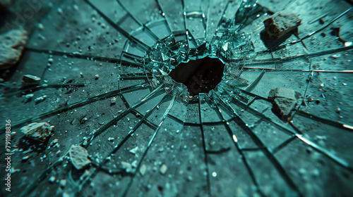 Broken glass surface, shattered with a hole in the center and cracked, with stones around. Act of vandalism and criminality.