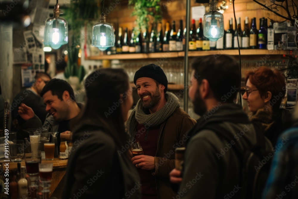 Group of friends having a good time in a pub, drinking beer