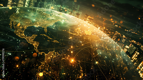 World map with interconnected countries with lines, points of light, and technological nodes. Modern and futuristic wallpaper of economy, trade, and geopolitics for a current news background