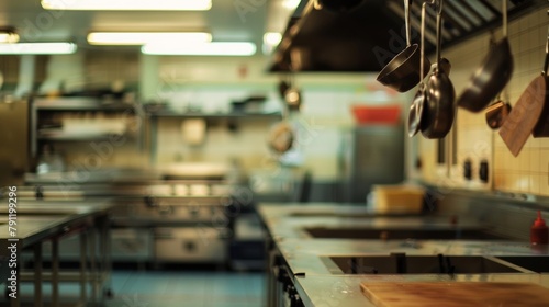 Defocused image #3 A hazy outoffocus view of a culinary classroom with the faint silhouettes of aprons hanging on hooks. The dimmed lighting and muted tones exude a sense of serenity .