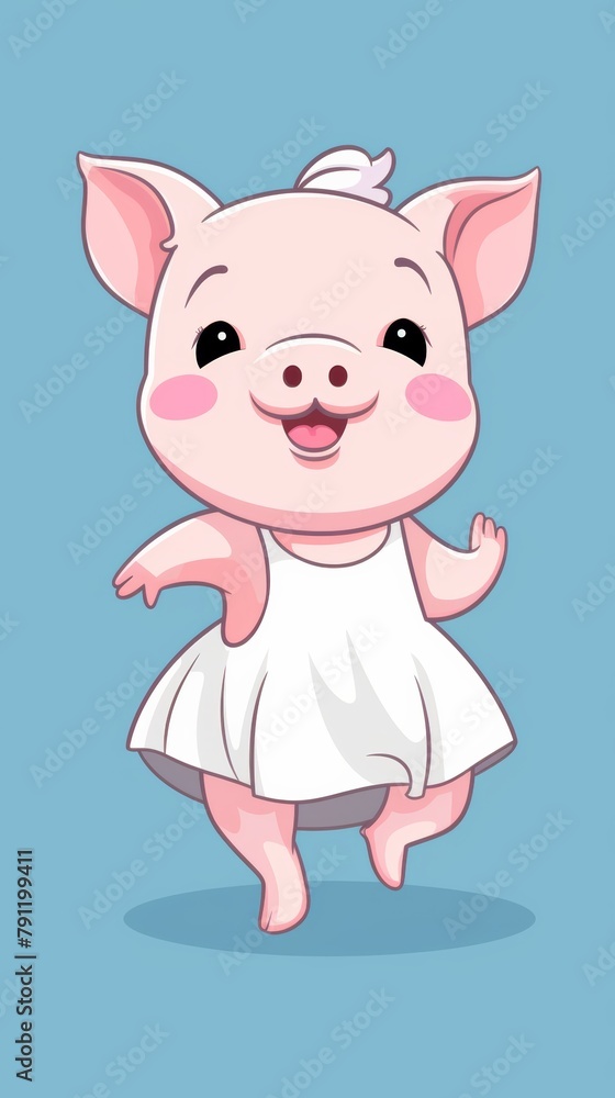 Fototapeta premium A cute cartoon pig wearing a white dress and dancing happily.