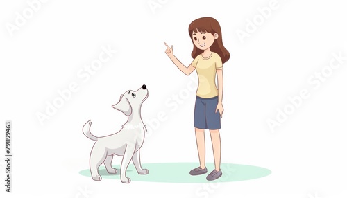 A cartoon illustration of a woman training a dog.