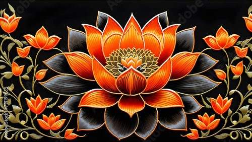 Shining Orange Lotus on Black Background, Intricate Embroidery of Vibrant Orange Lotus, Bold Contrast: Orange Lotus Blooms on Dark Canvas, Stunning Black Background Orange Lotus Embroidery Art