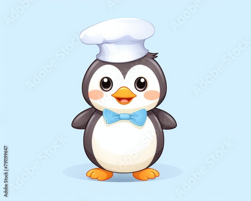 A cartoon penguin wearing a chef's hat and a blue bow tie © SalineeChot