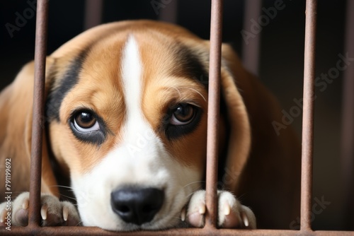 A sad puppy sits behind a cage door.