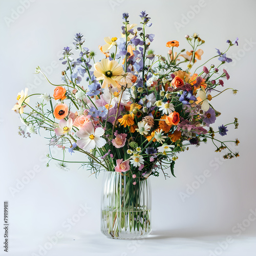 A beautiful bouquet of wild flowers in pale pastel colors, arranged in a glass vase, perfect for Mother's Day or Valentine's Day. The arrangement exudes a delicate and romantic atmosphere.