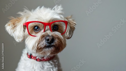 Valentines Day Maltese dog with red glasses isolated on white background. Concept Valentine's Day, Maltese Dog, Red Glasses, Isolated Background