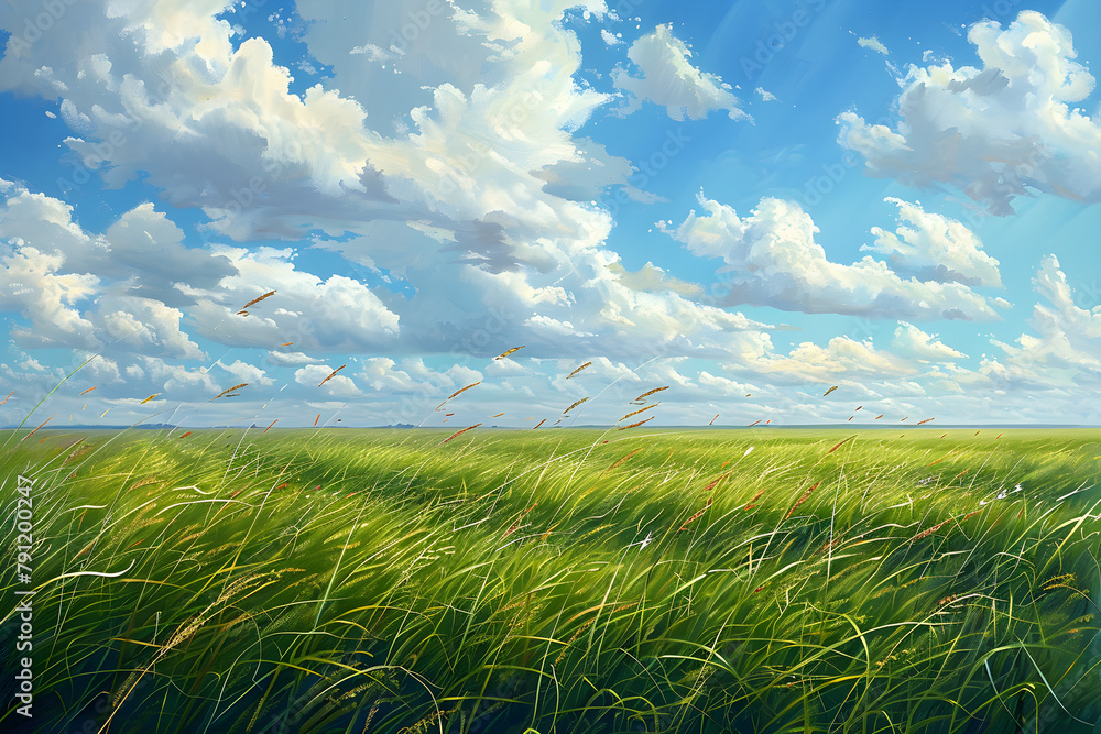 Fototapeta premium Artwork of a peaceful and beautiful grassy summer field, perfect for nature or landscape-related projects