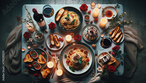 Top-down view of a romantic Italian dinner setting for two, featuring spaghetti carbonara, bruschetta, Chianti, and tiramisu, with candles and roses