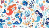 Colorful seamless pattern with fairy mermaids and c