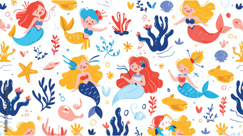 Colorful seamless pattern with fairy mermaids and c