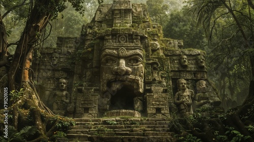 Ancient pre-Columbian indigenous temple lost in the jungle, from the Maya, Inca, or Aztec culture, with a deity carved in the rock and the mouth open as the entrance to the cave. Mysterious wallpaper photo