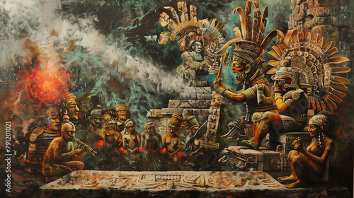 Colorful ancient illustration of the Mayan or Aztec civilization, performing an ancestral ritual of human sacrifice with a shaman priest on his throne, and slaves on the sacrificial altar photo