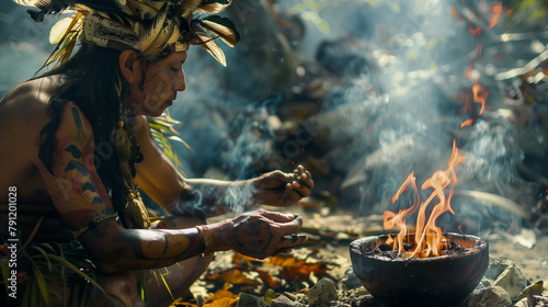Shamanic ritual with a Mayan shaman in the jungle of Peru or Mexico in front of the fire, for an astral journey with ayahuasca. Ancestral knowledge and power plants in Mesoamerica.