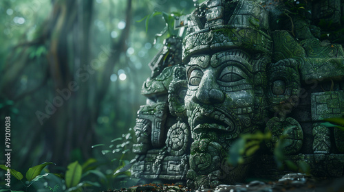 Mayan or Aztec ruins with the head of a deity carved on the rock in the jungle, covered in moss and vegetation, with tall trees in the background. Wallpaper of an ancient Native American civilization