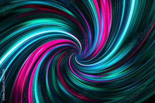 Hypnotic neon lines swirling in shades of teal and magenta. An enchanting artwork on black background.