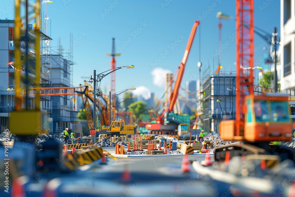 Civil systems engineering, urban infrastructure, busy construction site, clear day, 