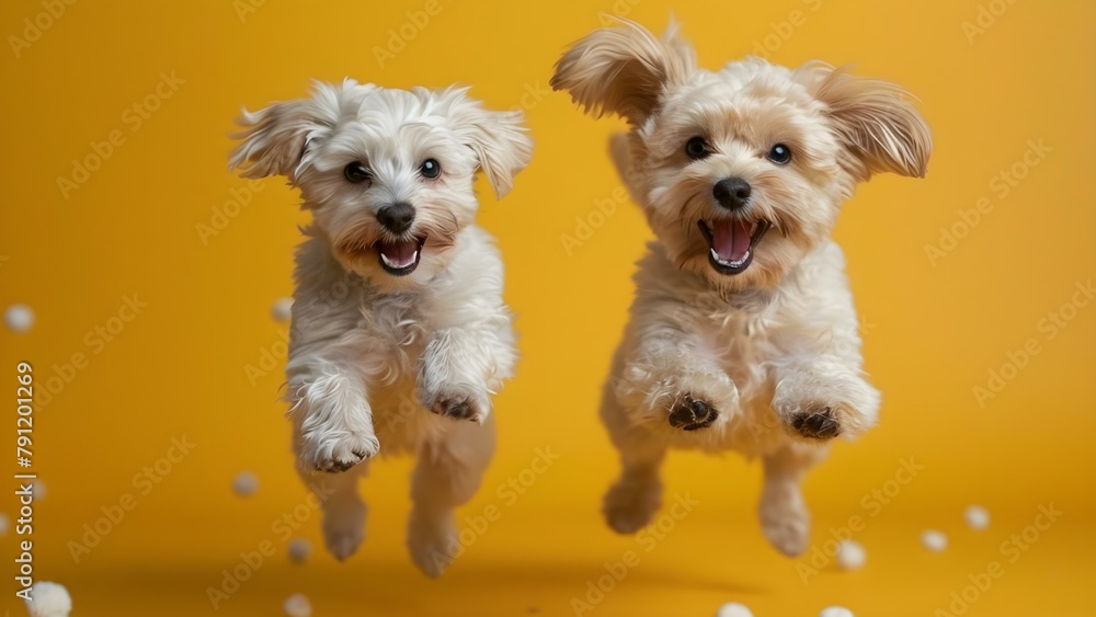Playful Moment: Two Maltese Dogs Jumping Against a Yellow Background. Concept Pets, Dogs, Maltese, Jumping, Playful