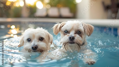 Maltese Dogs Enjoying Vacation in Pet-Friendly Hotel Pool. Concept Maltese Dogs, Vacation, Pet-Friendly Hotel, Pool, Summer Fun