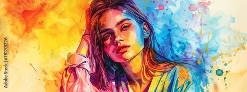 Colorful watercolor painting of a girl, vibrant splashes, dreamy background, expressive pose, 