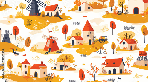 Colorful seamless pattern with watermills and windm photo
