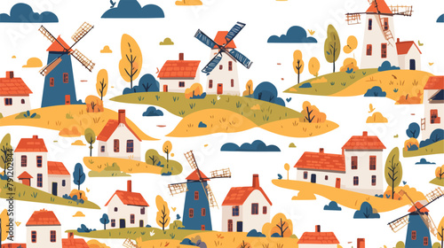 Colorful seamless pattern with watermills and windm photo