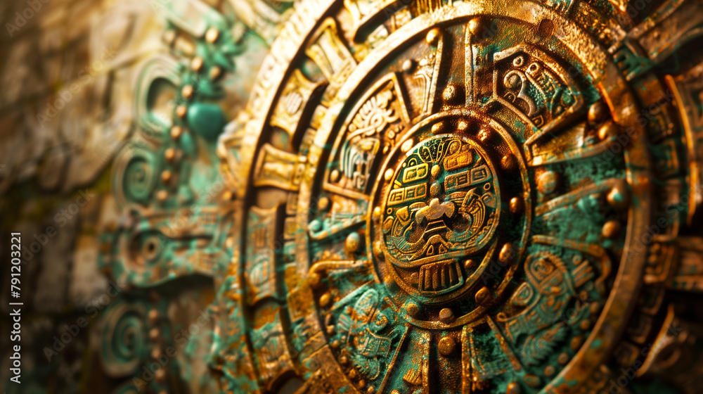Golden and turquoise Mayan calendar with intricate glyphs and symbols, exuding ancient mystique. Textured pattern for the background of a mesoamerican wallpaper Golden and turquoise Mayan calendar with intricate glyphs and symbols, exuding ancient mystique. Textured pattern for the background of a mesoamerican wallpaper