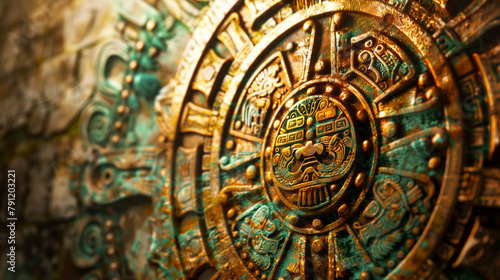 Golden and turquoise Mayan calendar with intricate glyphs and symbols, exuding ancient mystique. Textured pattern for the background of a mesoamerican wallpaper photo