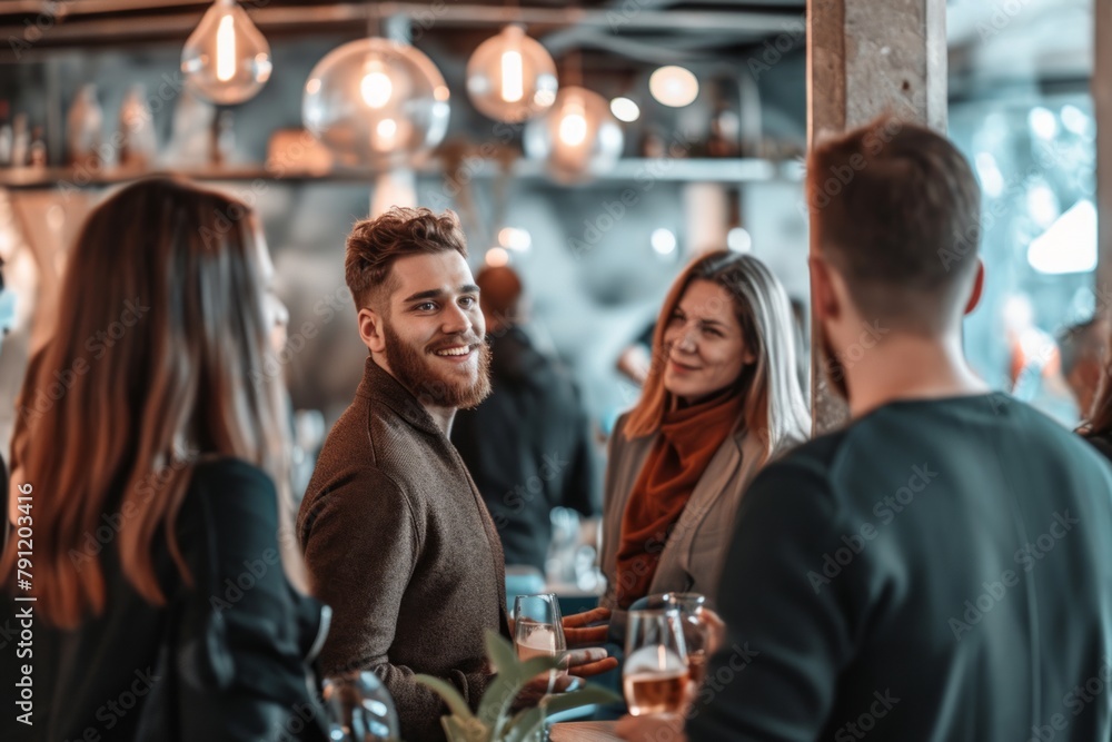 Group of young people sitting in a pub and drinking beer. Friends talking. Group of young people sitting in a pub and drinking beer. Friends talking.
