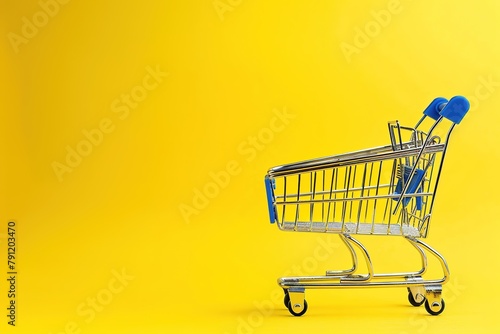 Shopping cart on copy space for supermarket hand blue trolley isolated on a yellow background.