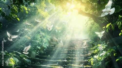 Heavenly Ascent: Ethereal Staircase and Divine Doves ,stairway to heaven with white doves photo