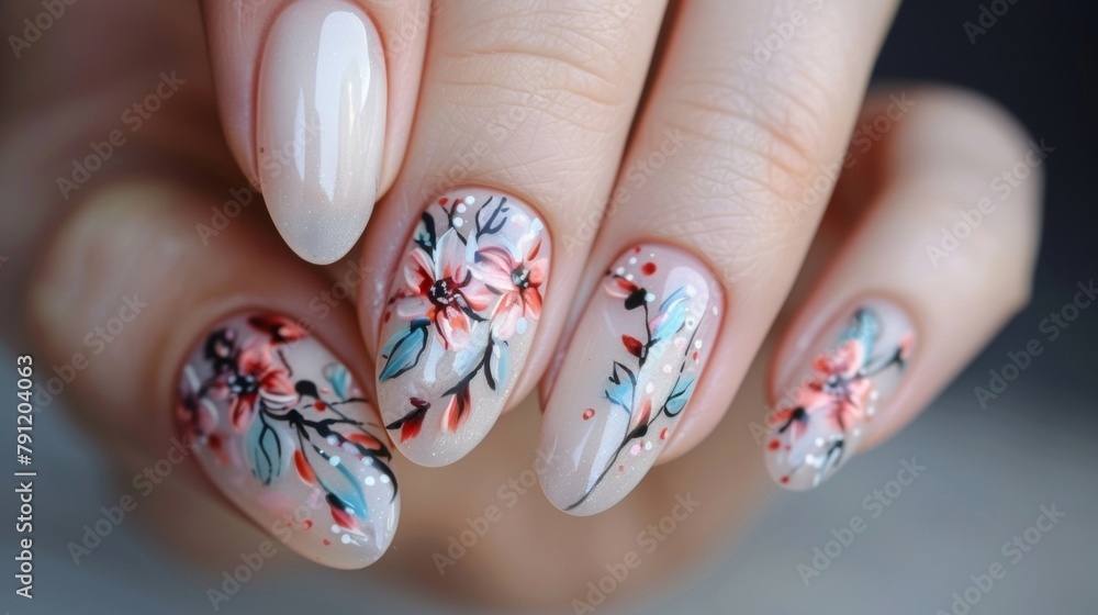A delicate floral design painted on one nail representing the beauty and simplicity found in nature through nail art. . A delicate floral design painted on one nail representing the beauty and simplicity found in nature through nail art. .