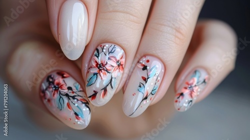 A delicate floral design painted on one nail representing the beauty and simplicity found in nature through nail art. .