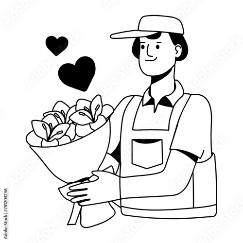 Beautifully designed glyph icon depicting boy holding propose flowers 