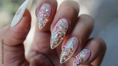 Each nail carefully adorned with a tiny metallic sticker adding a touch of glam and sparkle to the overall nail art design. .