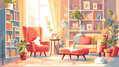Comfy living room interior with cats sitting on arm © iclute4