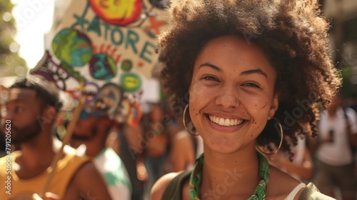 Closeup of a young woman participating in a climate march in a developing city her passionate sign demanding climate justice for all. This image exemplifies the growing awareness and . photo