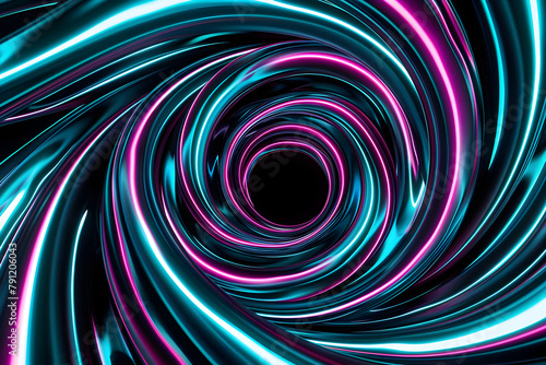 Mesmerizing neon swirl pattern in teal and magenta hues. A captivating visual on black background.
