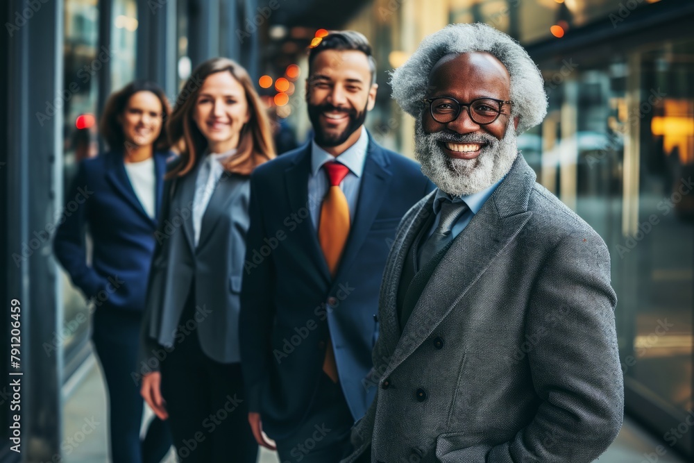 Portrait of a smiling senior businessman with his colleagues in the background. Portrait of a smiling senior businessman with his colleagues in the background.