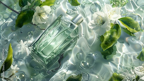 Fresh Luxury: Glass Bottle Surrounded by Green and White Florals