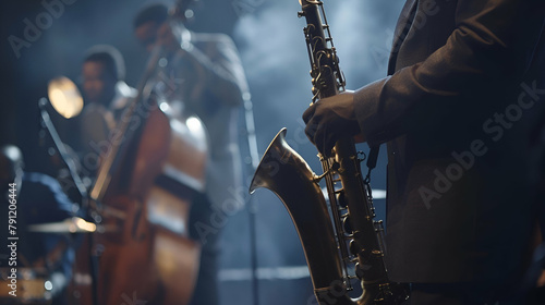 Live Jazz Music at a Festival. Saxophonist and Band Performing on Stage


 photo