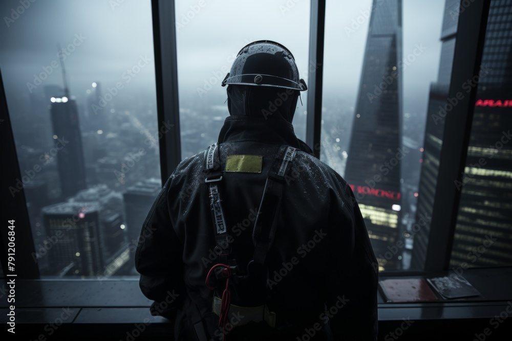 The construction worker is wearing a hard hat, safety harness and reflective clothing. He is looking out at the city below, which is covered in tall buildings The construction worker is wearing a hard hat, safety harness and reflective clothing. He is looking out at the city below, which is covered in tall buildings