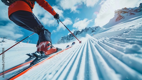 mountain skiing downhill, close up of skier on skis, concept of winter outdoor sport activities Olympic sports, active holiday vacations,