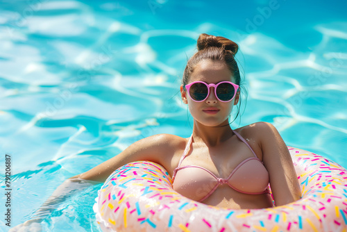 A young woman is having fun in the pool, floating on an inflatable donutshaped ring with pink and white sprinkles. She has sunglasses and her hair tied back