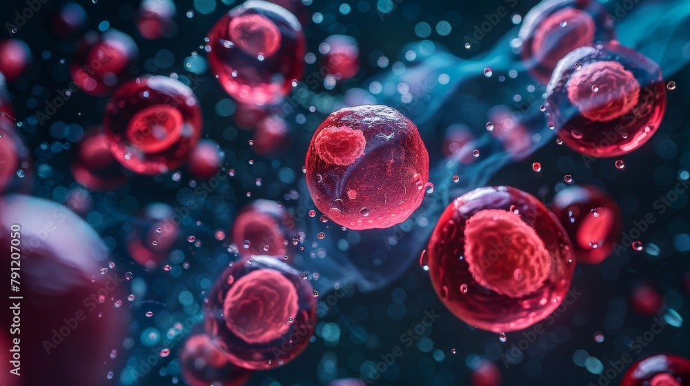 3D rendering of red and pink cells floating in a blue liquid 3D rendering of red and pink cells floating in a blue liquid
