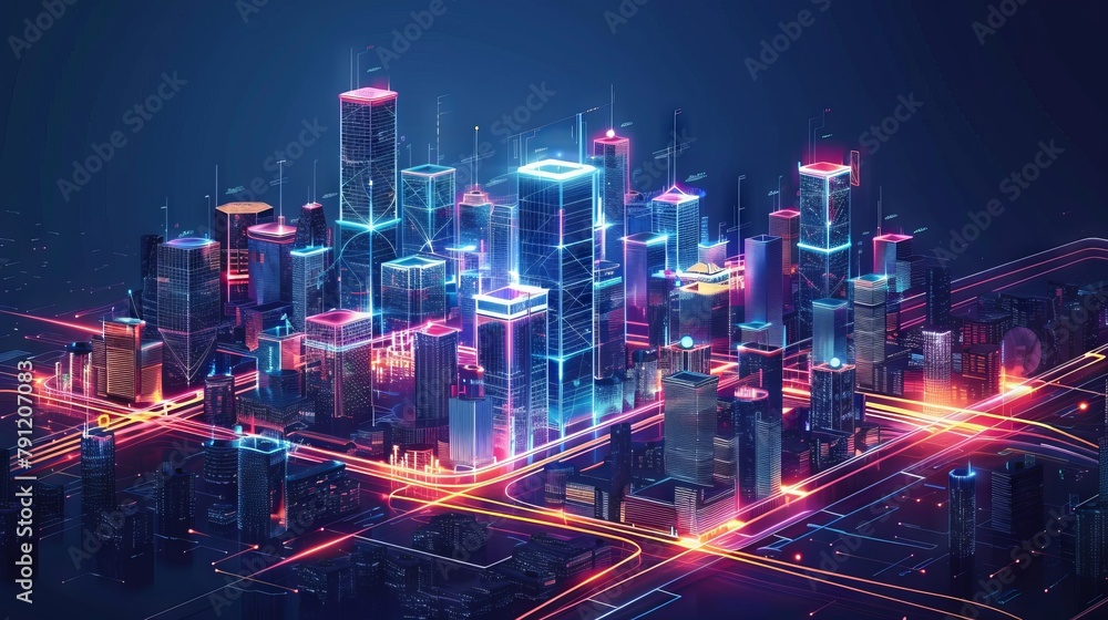 A digital painting of a futuristic city with skyscrapers and glowing lights.