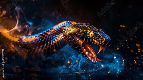 Close up of the head of a venomous snake with an open mouth in fire. A snake poised to strike, bathed in dramatic lighting with ethereal smoke encircling it, creates a tense, mythical scene.