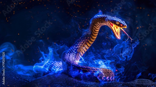 Close up of the head of a venomous snake with an open mouth in fire. A snake poised to strike  bathed in dramatic lighting with ethereal smoke encircling it  creates a tense  mythical scene.